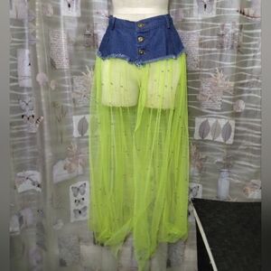 Touch Me Denim Neon Silver Beads Tulle Plus Size Skirt 1X